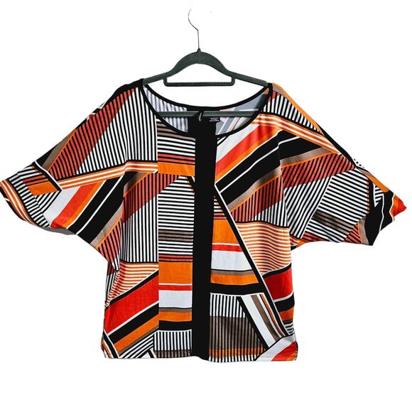 New Direction Women's L Bat Sleeve Abstract Geo Top Multicolor Orange Black Bold - Picture 1 of 7